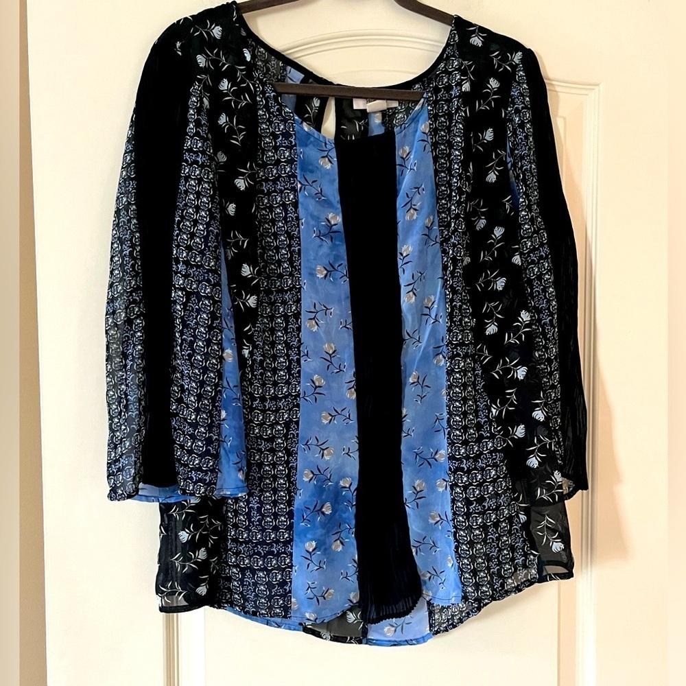 Style & Co. Floral Blue and Black Women's Blouse Wide Sleeve Size Medium